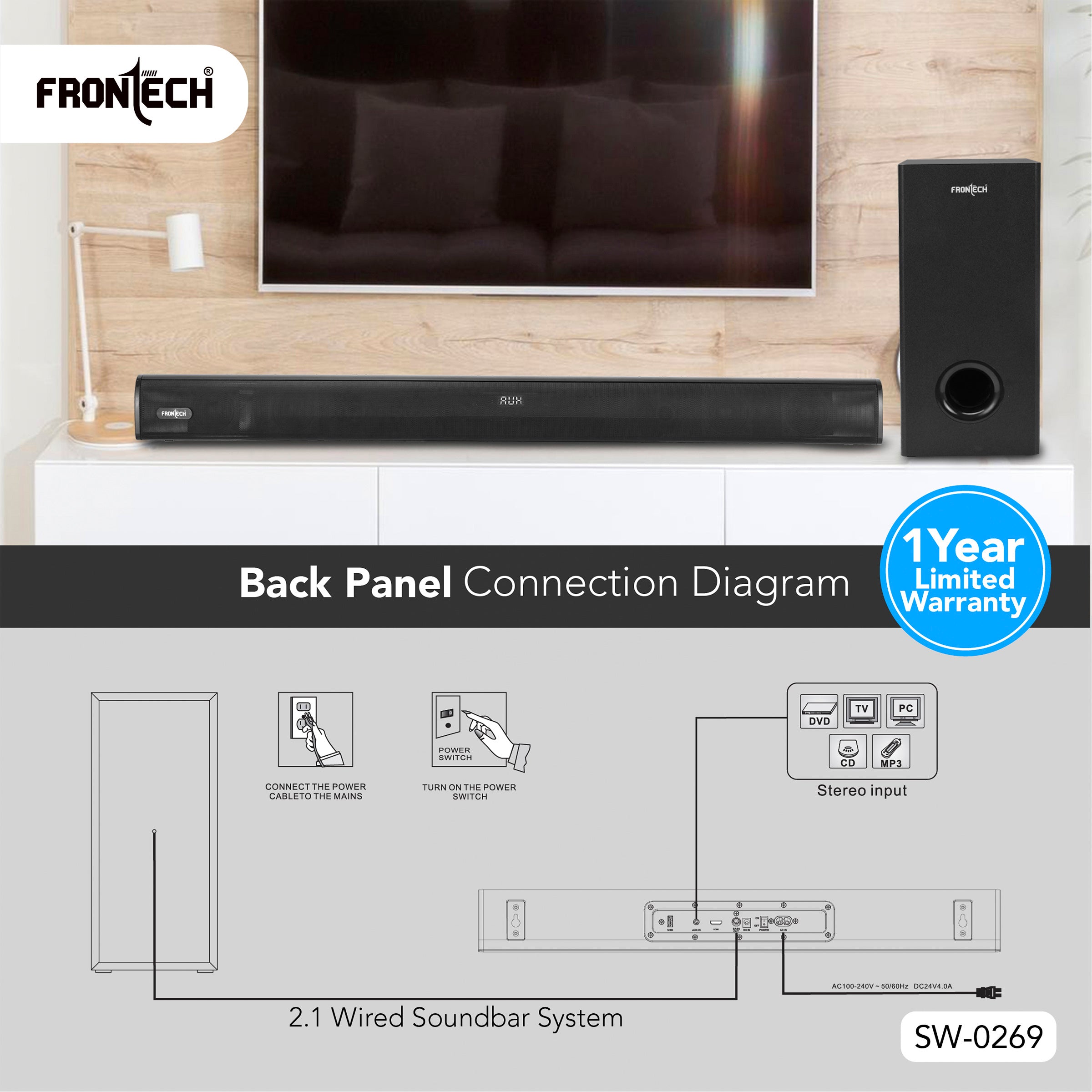 Frontech EchoMax-269 2.1 Channel Soundbar | Bluetooth 5.3 | Wireless Connectivity | 200W | Powerful Bass (SW-0269) Frontech EchoMax-269 2.1 Channel Soundbar | Bluetooth 5.3 | Wireless Connectivity | 200W | Powerful Bass (SW-0269)